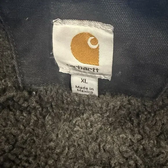 Y2K Distressed Carhartt J141 Black Men's Canvas Sherpa Lined Hooded Work Coat XL - Picture 6 of 10